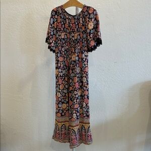 Joyous and Free Floral Smocked Black Tunic with Crochet Trim